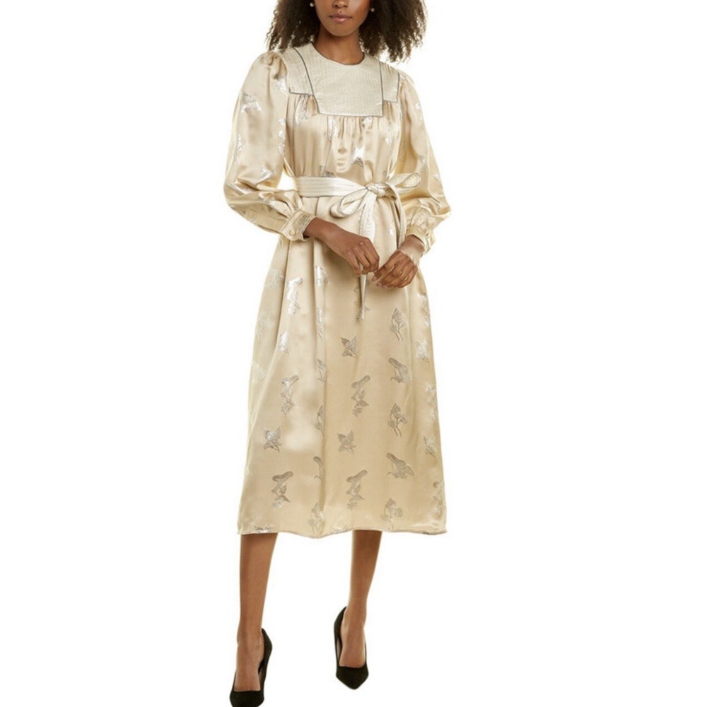 Tory Burch Mushroom Lurex SILK Gown‎ Pale Champagne Medium Jacquard Old Money